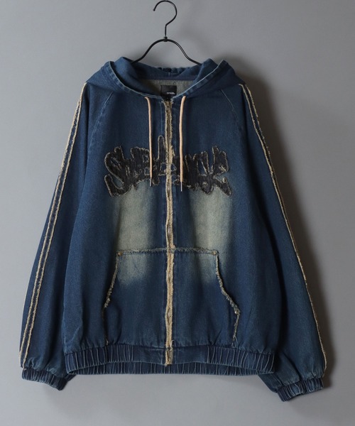 SITRY（シトリー）の「Tagging Logo Fringe Denim Hoodie/タギングロゴ フリンジ  ショート丈 デニムパーカー デニムジャケット ブルゾン フルジップパーカー フーディー（デニムジャケット・メンズ・グレー/ブラック/ネイビー・M/L）」の7枚目の写真