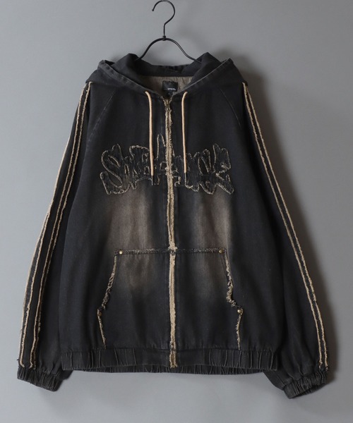 SITRY（シトリー）の「Tagging Logo Fringe Denim Hoodie/タギングロゴ フリンジ  ショート丈 デニムパーカー デニムジャケット ブルゾン フルジップパーカー フーディー（デニムジャケット・メンズ・グレー/ブラック/ネイビー・M/L）」の12枚目の写真