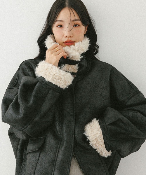 PERVERZE 　ワイドカラー ムートンコート　ブラック PERVERZE ワイドカラー ムートンコート ブラック