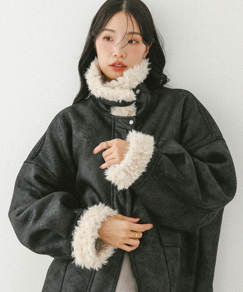 Heather（ヘザー）の「【今季No.1！大注目の愛されアウター】ファーカラーBIGムートンジャケット　598821（ムートンコート・レディース・ブラック/キャメル/ベージュ・FREE）」の5枚目の写真