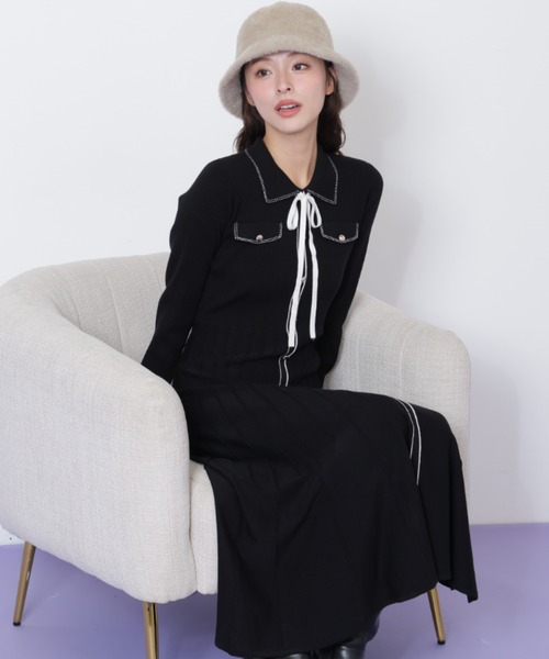 JILL by JILL STUART(ジルバイジルスチュアート)の「◇ステッチカラーニットワンピース(ワンピース・レディース・ホワイト/ブラック/ブルー・FREE)」の4枚目の写真