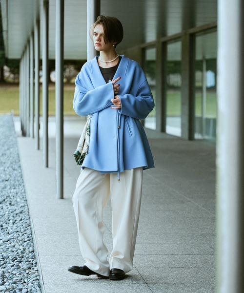 セール】カシミヤ混リバーミドルラップコート（ノーカラーコート