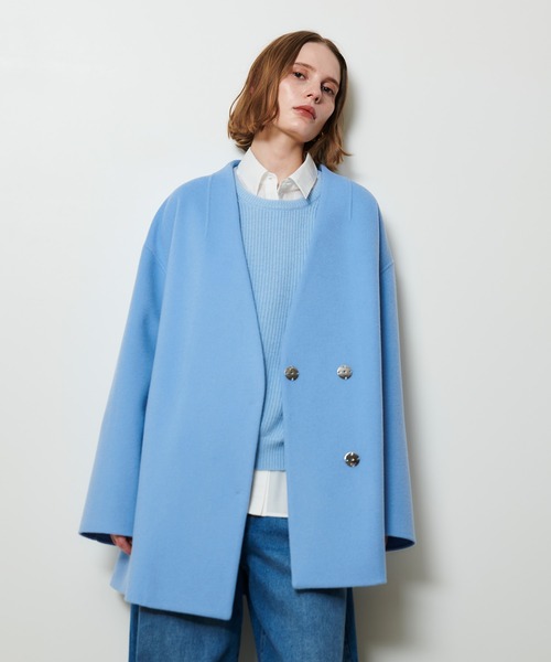 セール】カシミヤ混リバーミドルラップコート（ノーカラーコート