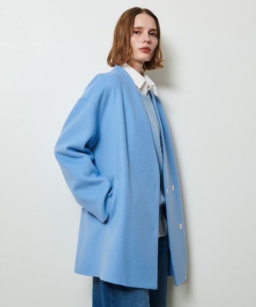 美品 allureville アルアバイル ノーカラー スプリングコート 水色 美品 allureville アルアバイル ノーカラー スプリングコート 水色