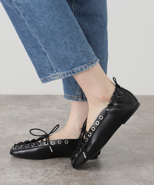 GANNI ガニー　レザー バレエシューズ　ブラック セール】GANNI / ガニー Eyelets Lace Up Ballerina Crinkle（バレエ