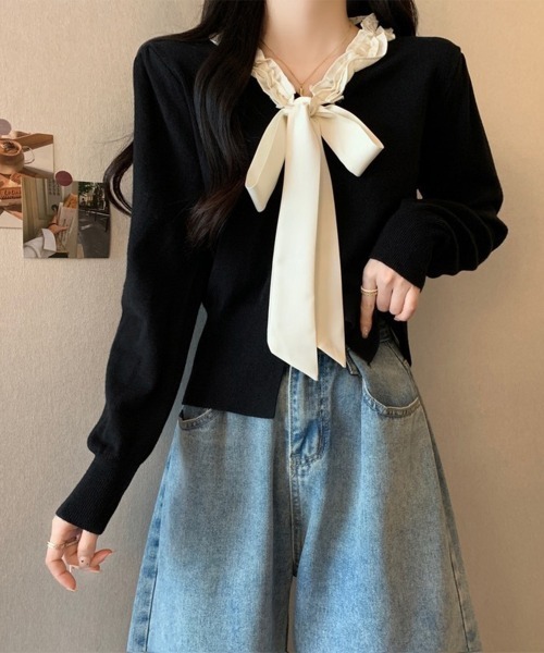 Miniministore(ミニミニストア)の「ボウタイニットトップス フリル襟 ニット(ニット/セーター・レディース・ブラック/ダークベージュ/ベージュ/ワインレッド・FREE)」の1枚目の写真