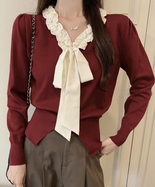 Miniministore(ミニミニストア)の「ボウタイニットトップス フリル襟 ニット(ニット/セーター・レディース・ブラック/ダークベージュ/ベージュ/ワインレッド・FREE)」の4枚目の写真