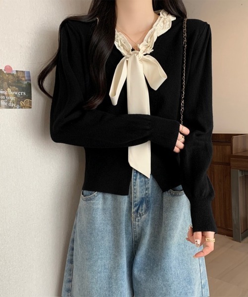 Miniministore(ミニミニストア)の「ボウタイニットトップス フリル襟 ニット(ニット/セーター・レディース・ブラック/ダークベージュ/ベージュ/ワインレッド・FREE)」の18枚目の写真