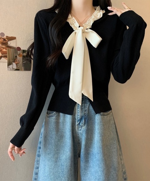 Miniministore(ミニミニストア)の「ボウタイニットトップス フリル襟 ニット(ニット/セーター・レディース・ブラック/ダークベージュ/ベージュ/ワインレッド・FREE)」の19枚目の写真