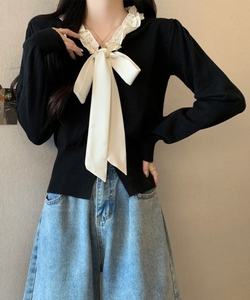 Miniministore(ミニミニストア)の「ボウタイニットトップス フリル襟 ニット(ニット/セーター・レディース・ブラック/ダークベージュ/ベージュ/ワインレッド・FREE)」の20枚目の写真