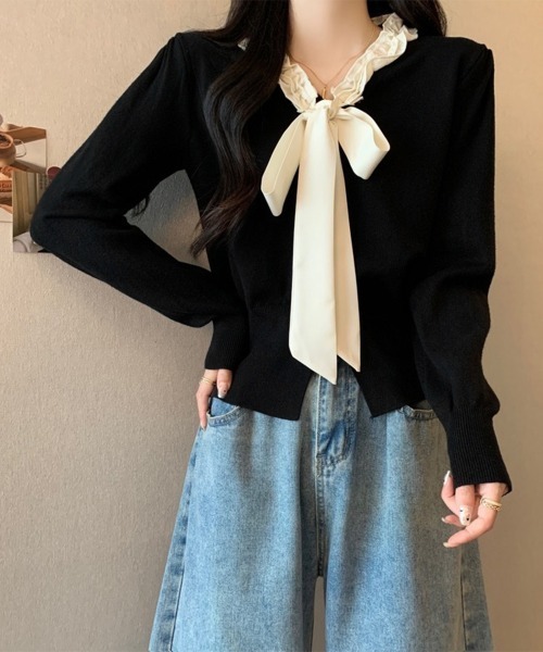 Miniministore(ミニミニストア)の「ボウタイニットトップス フリル襟 ニット(ニット/セーター・レディース・ブラック/ダークベージュ/ベージュ/ワインレッド・FREE)」の21枚目の写真