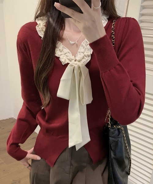 Miniministore(ミニミニストア)の「ボウタイニットトップス フリル襟 ニット(ニット/セーター・レディース・ブラック/ダークベージュ/ベージュ/ワインレッド・FREE)」の5枚目の写真