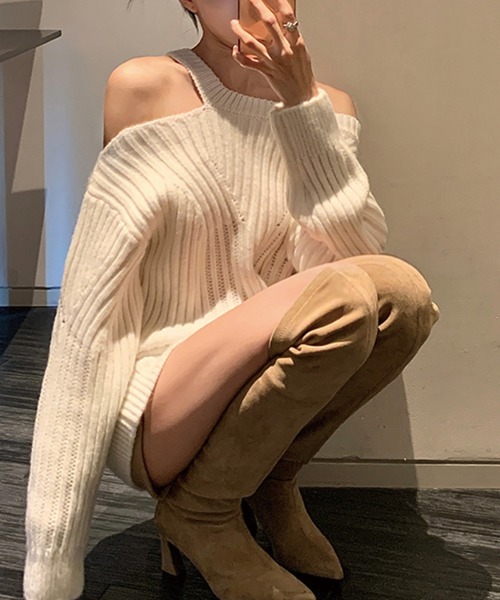 ADDITION STORE(アディションストア)の「\首周りのデザインが可愛い/ワンショルダー ロングスリーブニット / One-shoulder long-sleeve knit ( asnit )(ニット/セーター・レディース・ホワイト/ブラック・FREE)」の8枚目の写真
