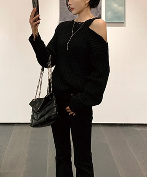 ADDITION STORE(アディションストア)の「\首周りのデザインが可愛い/ワンショルダー ロングスリーブニット / One-shoulder long-sleeve knit ( asnit )(ニット/セーター・レディース・ホワイト/ブラック・FREE)」の13枚目の写真