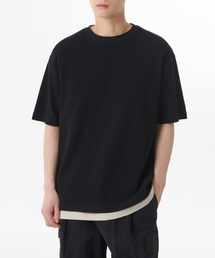 ワッフルリラックスクルーネックTシャツ[ブラック]