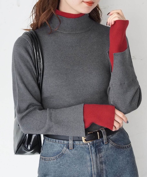 tiptop(ティップトップ)の「配色レイヤードハイネックプルオーバー(ニット/セーター・レディース・アイボリー/ブラック/チャコールグレー/レッド・FREE)」の3枚目の写真