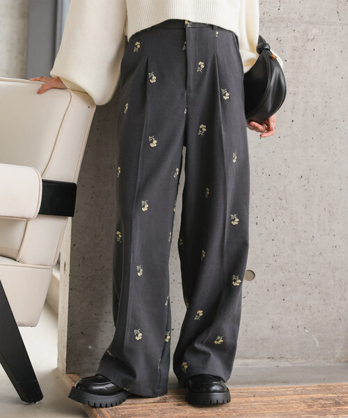 低身長向けサイズ ] 花柄刺繍タックワイドパンツ（その他パンツ