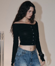 Dulce Unbal Button Long Sleeve Top (Black)