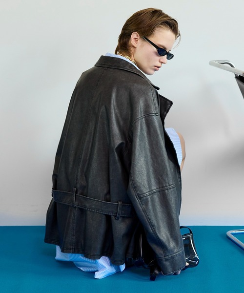 MAISON SPECIAL(メゾンスペシャル)の「Belted Faux Leather Jacket/ベルテッドフェイクレザージャケット(ブルゾン・レディース・ダークブラウン/ダークブラック/ブラック・FREE)」の1枚目の写真