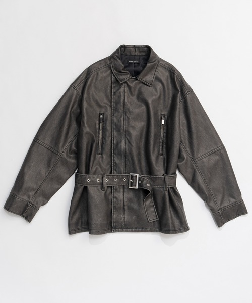 美品 ICB 洗える L ベルト付 ブルゾン 黒 フェイクレザー ジャケット セール】ボア付きフェイクレザージャケット（ブルゾン）｜w closet