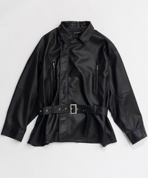 美品 ICB 洗える L ベルト付 ブルゾン 黒 フェイクレザー ジャケット Belted Faux Leather Jacket/ベルテッドフェイクレザージャケット