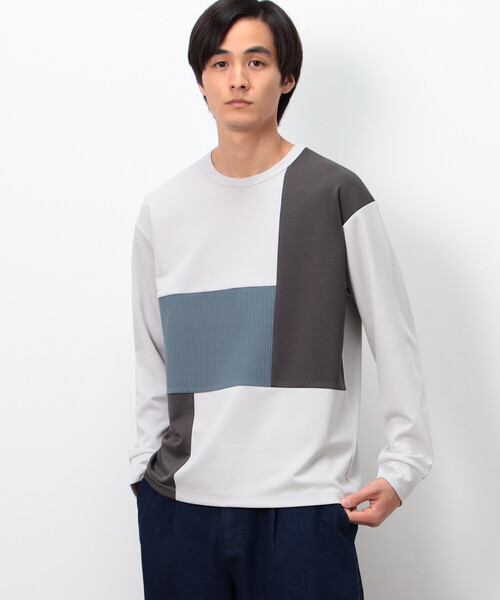 COMME CA ISM(コムサイズム)の「ストレッチポンチ×ワッフル ブロッキング 長袖Tシャツ(Tシャツ/カットソー・メンズ・ブラック/ホワイト/ライトグレー・MEDIUM/LARGE)」の2枚目の写真