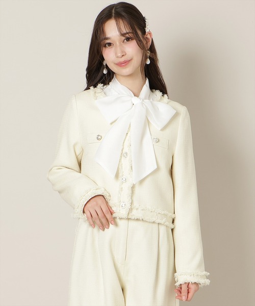 WILLSELECTION（ウィルセレクション）の「【セットアップ対応】ノーカラーフリンジツイードジャケット（ノーカラージャケット・レディース・イエロー/オフホワイト/ミント・FREE）」の3枚目の写真