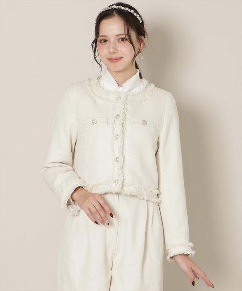 WILLSELECTION（ウィルセレクション）の「【セットアップ対応】ノーカラーフリンジツイードジャケット（ノーカラージャケット・レディース・イエロー/オフホワイト/ミント・FREE）」の4枚目の写真