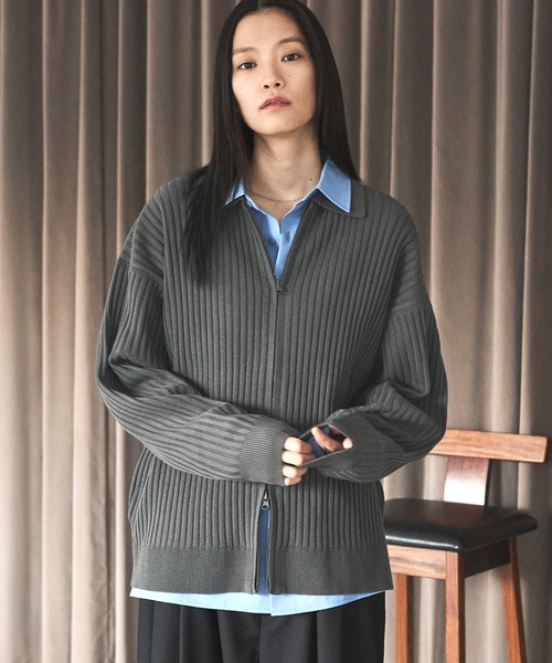 ASTRONOMY（アストロノミー）の「抗ピリング リブ編みジップニットポロカーディガン（カーディガン/ボレロ・メンズ・ブラック/サックスブルー/ライトベージュ/チャコール・S/M/L/XL）」の3枚目の写真