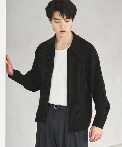 ASTRONOMY（アストロノミー）の「抗ピリング リブ編みジップニットポロカーディガン（カーディガン/ボレロ・メンズ・ブラック/サックスブルー/ライトベージュ/チャコール・S/M/L/XL）」の5枚目の写真
