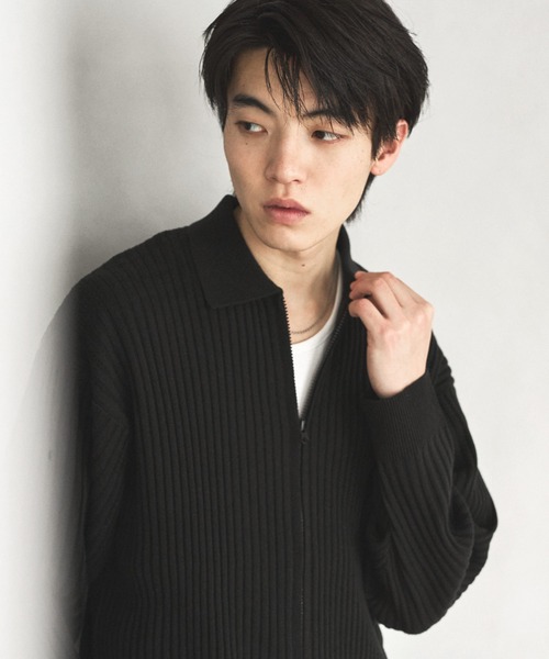 ASTRONOMY（アストロノミー）の「抗ピリング リブ編みジップニットポロカーディガン（カーディガン/ボレロ・メンズ・ブラック/サックスブルー/ライトベージュ/チャコール・S/M/L/XL）」の9枚目の写真