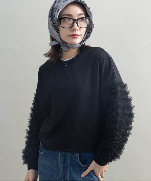 lodie(ロディ)の「チュール袖 デザイン プルオーバー(Tシャツ/カットソー・レディース・オフホワイト/ブラック・FREE)」の12枚目の写真