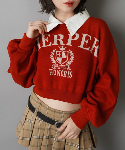 SPINNS(スピンズ)の「きちんと可愛いを更新★2WAY襟付きショート丈カレッジニット(ニット/セーター・レディース・レッド/ネイビー/グレー/ホワイト・ONESIZE)」の17枚目の写真