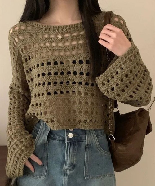 SallyLunn(サリーラン)の「透かし編みニットプルオーバー(ニット/セーター・レディース・ホワイト/ブラック/カーキ・FREE)」の10枚目の写真