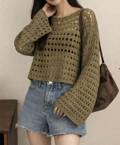 SallyLunn(サリーラン)の「透かし編みニットプルオーバー(ニット/セーター・レディース・ホワイト/ブラック/カーキ・FREE)」の9枚目の写真