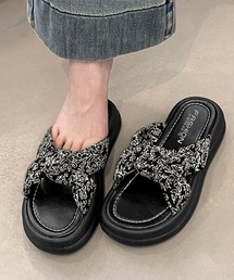Miniministore（ミニミニストア）の「ドット柄クロスリボン厚底サンダル美脚脚長（サンダル）」