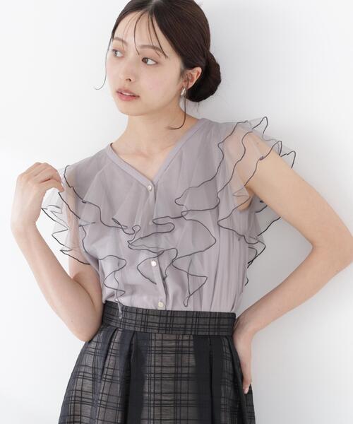 PROPORTION BODY DRESSING(プロポーションボディドレッシング)の「チュールラッフルブラウス / 1216110400(シャツ/ブラウス・レディース・ピンク/グレー/オフホワイト・SMALL/MEDIUM)」の9枚目の写真