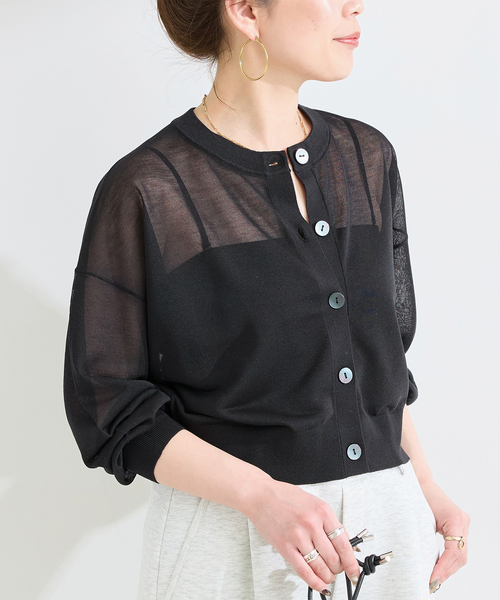 B.C STOCK（ベーセーストック）の「手洗い可 / シアークルーカーディガン（カーディガン/ボレロ・レディース・ホワイト/イエロー/ブルー系その他/ブラック・FREE）」の3枚目の写真