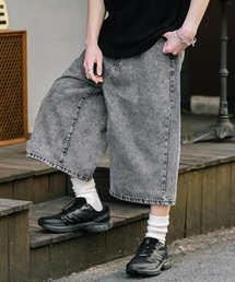 ケミカルウォッシュ オーバーダイ ワイドデニムハーフショートパンツ