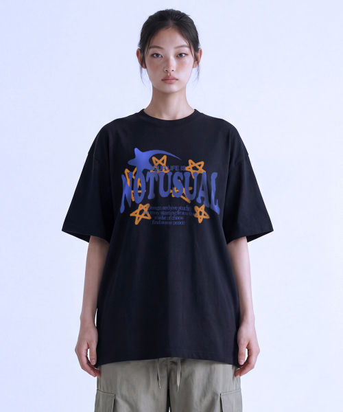 NOTUSUAL(ノットユージュアル)の「ブルースター オーバーサイズ 半袖Tシャツ 4カラー(Tシャツ/カットソー・レディース・ホワイト×グレー/ブラック/ネイビー/ホワイト・SMALL/MEDIUM/LARGE/X-LARGE)」の6枚目の写真