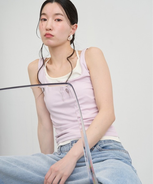 NUJOH(ヌゾ)の「Layered Strap Slim Tank Top / レイヤードストラップスリムタンクトップ(タンクトップ・レディース・ピンク/ライトブルー/アイボリー/グレー・FREE)」の1枚目の写真