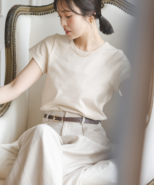 Noble(ノーブル)の「《追加・WEB限定カラー》スビンコットンスムースコンパクトTシャツ2(Tシャツ/カットソー・レディース・ベージュ/チョコ/ブラック/ライトグリーン/ホワイト・FREE)」の4枚目の写真