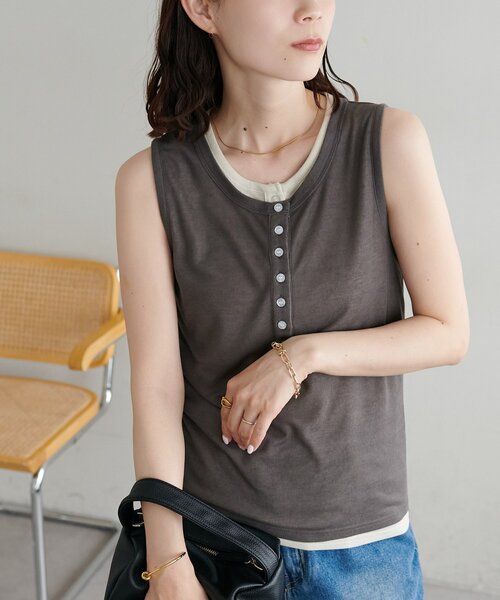 DISCOAT(ディスコート)の「【WEB限定】配色ヘンリーノースリーブ(Tシャツ/カットソー・レディース・ネイビー/ミント/チャコールグレー・MEDIUM)」の4枚目の写真