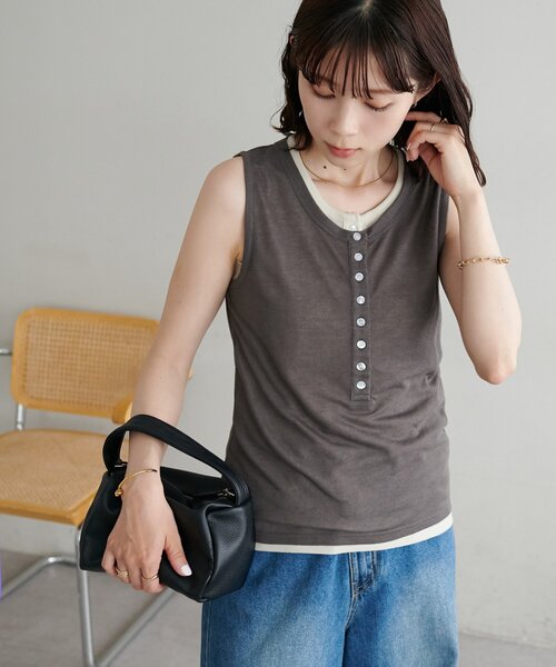 DISCOAT(ディスコート)の「【WEB限定】配色ヘンリーノースリーブ(Tシャツ/カットソー・レディース・ネイビー/ミント/チャコールグレー・MEDIUM)」の5枚目の写真