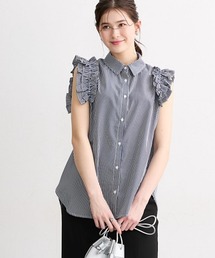 高身長 ストライプ柄ショルダーフリルシャツ(トールサイズ)