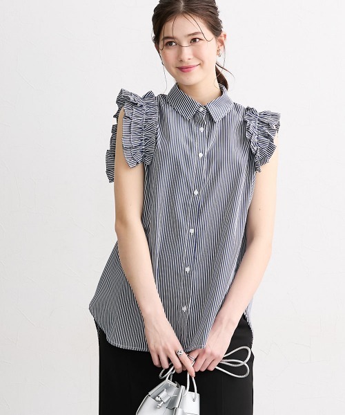 slattgir(スラットジール)の「高身長 ストライプ柄ショルダーフリルシャツ(トールサイズ)(シャツ/ブラウス・レディース・ネイビー/サックスブルー・TM/TL/TLL/T3L/T4L/T5L)」の2枚目の写真