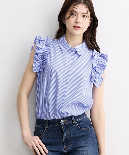 slattgir(スラットジール)の「高身長 ストライプ柄ショルダーフリルシャツ(トールサイズ)(シャツ/ブラウス・レディース・ネイビー/サックスブルー・TM/TL/TLL/T3L/T4L/T5L)」の1枚目の写真