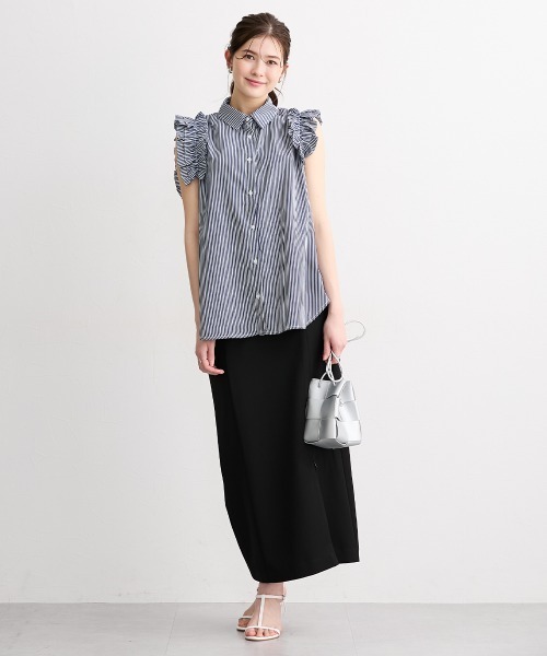 slattgir(スラットジール)の「高身長 ストライプ柄ショルダーフリルシャツ(トールサイズ)(シャツ/ブラウス・レディース・ネイビー/サックスブルー・TM/TL/TLL/T3L/T4L/T5L)」の5枚目の写真