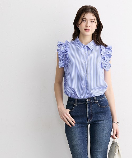 slattgir(スラットジール)の「高身長 ストライプ柄ショルダーフリルシャツ(トールサイズ)(シャツ/ブラウス・レディース・ネイビー/サックスブルー・TM/TL/TLL/T3L/T4L/T5L)」の7枚目の写真