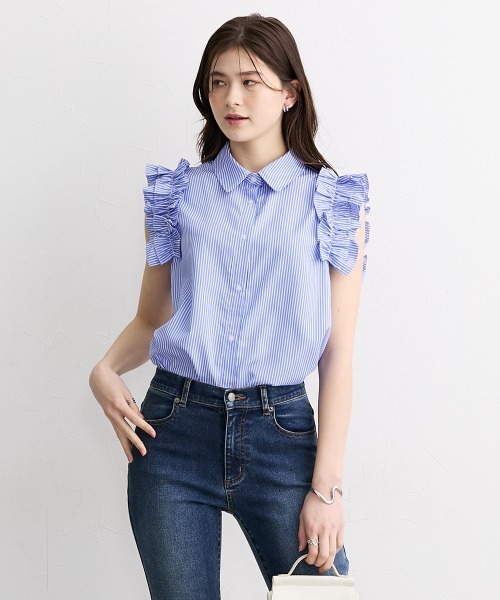 slattgir(スラットジール)の「高身長 ストライプ柄ショルダーフリルシャツ(トールサイズ)(シャツ/ブラウス・レディース・ネイビー/サックスブルー・TM/TL/TLL/T3L/T4L/T5L)」の8枚目の写真